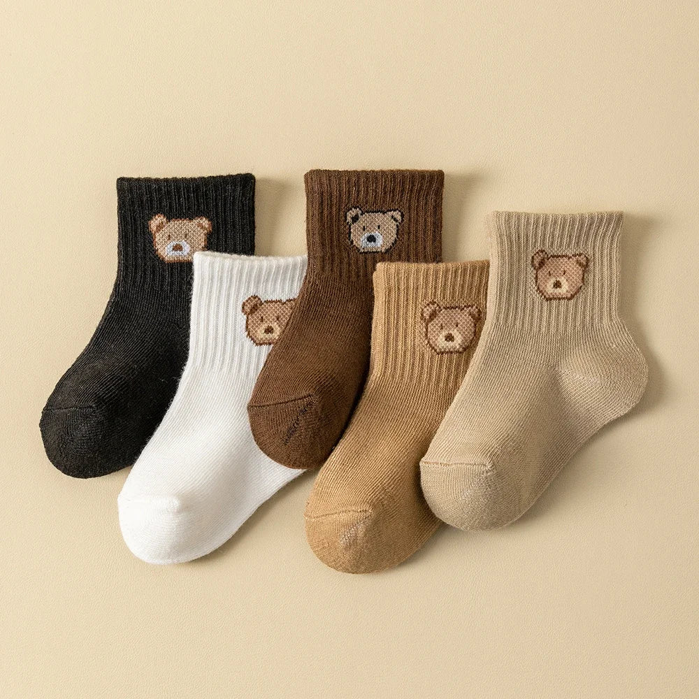 5 Pairs Baby Socks Toddler Soft Comfortable Breathable All-Season Cartoon Bear Pattern Kids Footwear