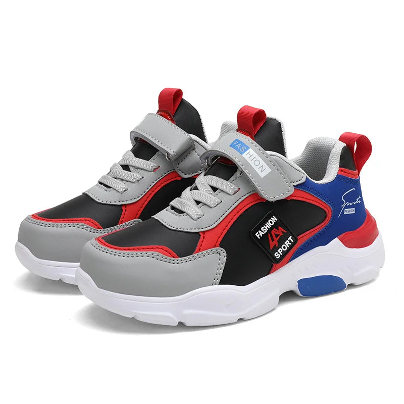Autumn and Winter Children's Shoes, Boys' Sneakers, Leather Surface, Breathable, Non-Slip, Versatile Sports Shoes for Middle-Aged and Older Children and Primary School Students