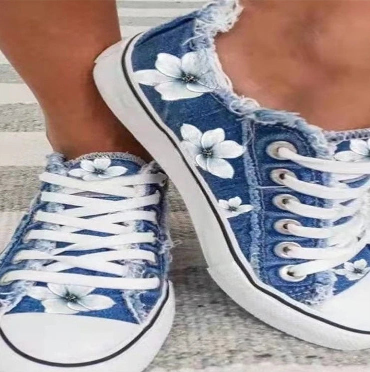 2022 New Women Comfortable  Denim Canvas Flats Flower Vulcanized Female Summer Fashion Lace-up Sneakers Ladies Casual Shoes