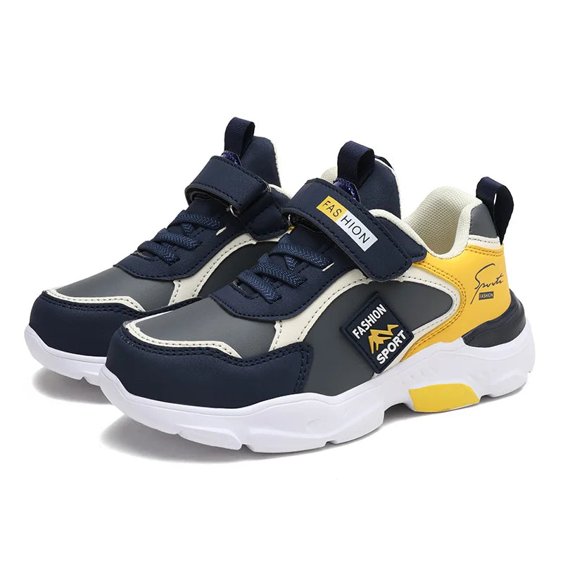 Autumn and Winter Children's Shoes, Boys' Sneakers, Leather Surface, Breathable, Non-Slip, Versatile Sports Shoes for Middle-Aged and Older Children and Primary School Students