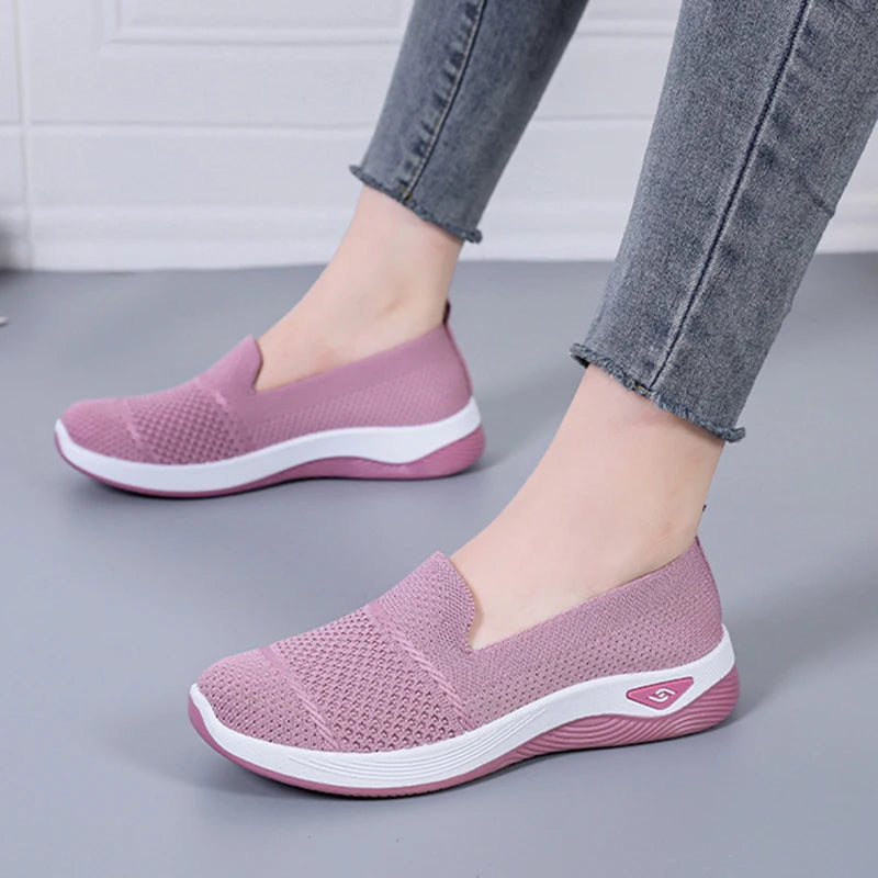 2025 Breathable Wedge Heel Loafers Women Spring Summer Slip On Knitted Sports Shoes Woman Anti Slip Soft Sole Walking Lady Shoes