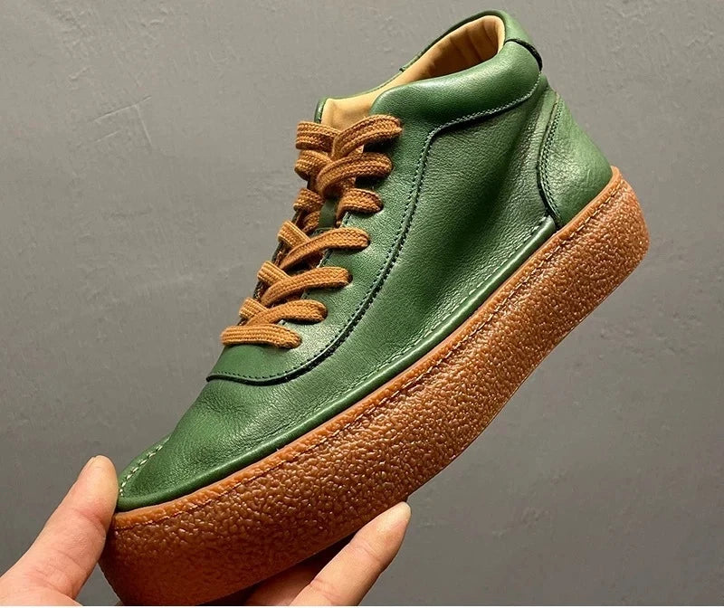 2025 New Men's Fleece Lined High Top Shoes, Retro Leather Work Boots with Chunky Sole, All-Day Comfort Winter Casual Sneakers