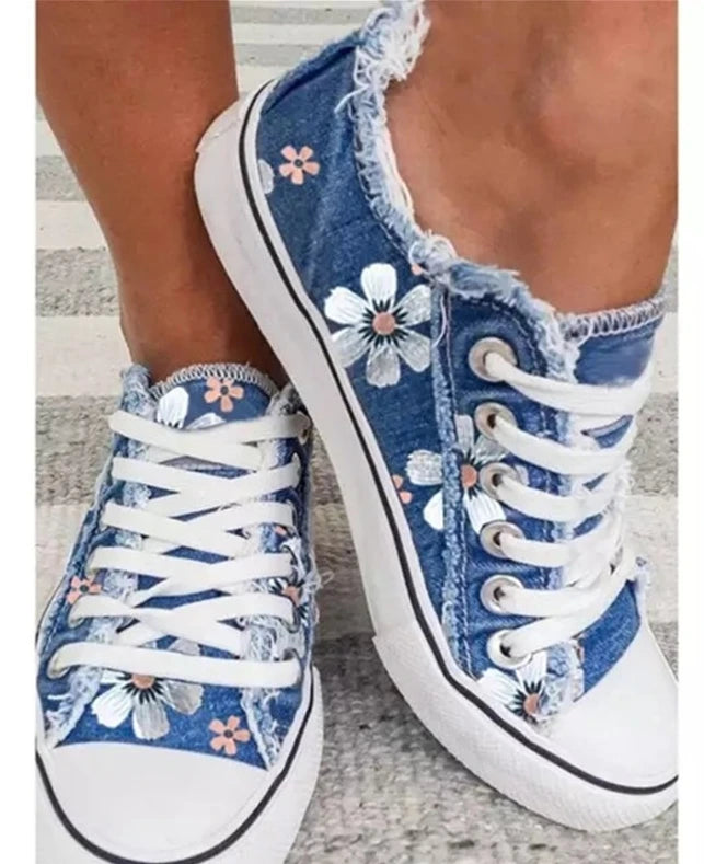 2022 New Women Comfortable  Denim Canvas Flats Flower Vulcanized Female Summer Fashion Lace-up Sneakers Ladies Casual Shoes